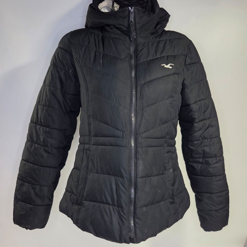 Hollister Black Puffer Jacket Hooded Coat sz Large